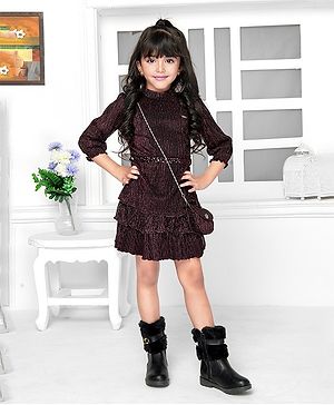 TINY BABY Three Fourth Sleeves  Shimmer Embellished Dress With Belt & Purse - Pink