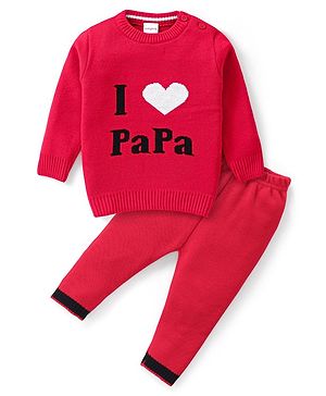 Babyhug Knitted Full Sleeves Sweater Set Text Design - Red