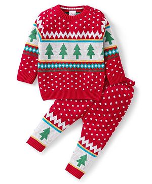 Babyhug Knitted Full Sleeves Baby Sweater Set with Tree Design - Red