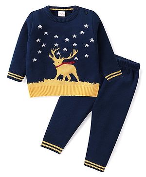 Babyhug Knitted Full Sleeves Baby Sweater Set with Deer Design - Navy Blue
