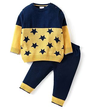 Babyhug Knitted Full Sleeves Pullover Sweater & Pant Set with Star Design - Navy Blue & Yellow