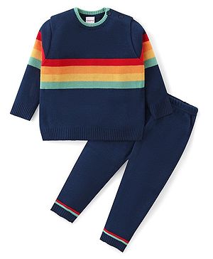 Babyhug Knitted Full Sleeves Striped Baby Sweater Set - Navy Blue