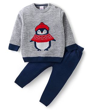 Babyhug Knit Full Sleeves Sweater & Pant Set Penguin Design - Navy Blue & Grey