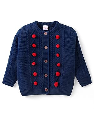 Babyhug Knitted Full Sleeves Front Open Sweater with Cable Knit Design & Pom Pom Detailing - Navy Blue