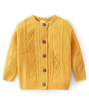 Babyhug Knitted Full Sleeves Front Open Sweater with Cable Knit Design - Yellow