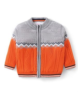 Babyhug Knitted Full Sleeves Front Open Sweater with Cable Knit Design- Grey & Orange