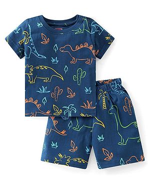 Babyhug Cotton Knit Half Sleeves Night Suit  With Dino Print - Navy Blue