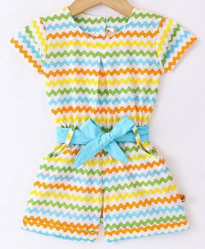 Dew Drops Woven Half Sleeves Jumpsuit Chevron Print -Yellow