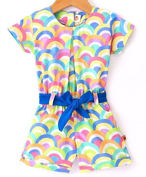 Dew Drops Woven Half Sleeves Rainbow Printed Jumpsuit - Blue