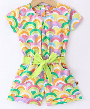 Dew Drops Woven Half Sleeves Rainbow Printed Jumpsuit - Green