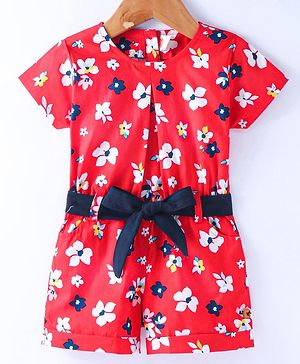 Dew Drops Woven Half Sleeves Floral Printed Jumpsuit - Red