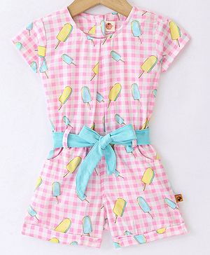 Dew Drops Poplin Half Sleeves Checked Jumpsuits with Belt Ice Cream Print - Peach