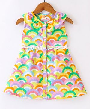 Dew Drops Poplin Sleeveless Frock with Rainbow Print - Green