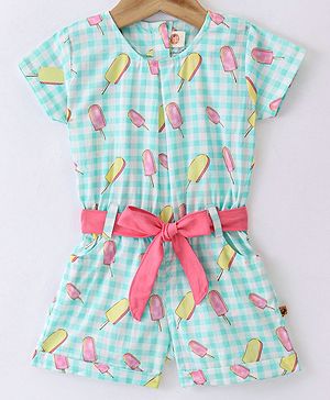 Dew Drops Poplin Half Sleeves Checked Jumpsuits with Belt Ice Cream Print - Aqua