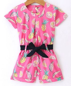 Dew Drops Woven Half Sleeves Fruit Printed Jumpsuit - Pink