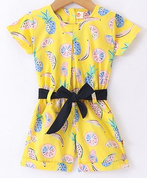 Dew Drops Woven Half Sleeves Fruit Printed Jumpsuit - Yellow