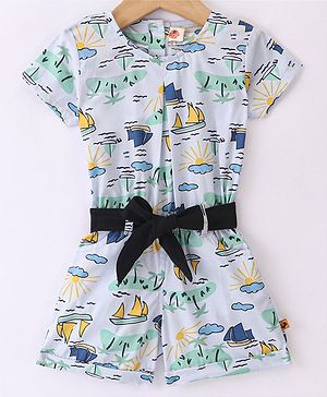 Dew Drops Poplin Half Sleeves Jumpsuits with Belt Tropical Print - Blue