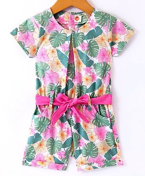 Dew Drops Woven Half Sleeves Floral Printed Jumpsuit - Pink