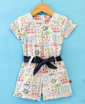 Dew Drops Poplin Woven Half Sleeves Jumpsuit with Bunny & Butterfly Print with Pock Detailing  - Multicolour