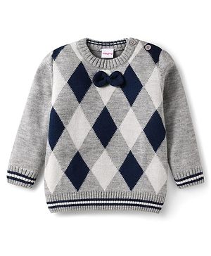 Babyhug Knitted Full Sleeves Pullover Sweater with Argyle Design & Bow Applique - Grey