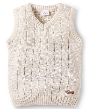 Babyhug Knitted Sleeveless Pullover Sweater Vest with Cable Knit Design - Off White