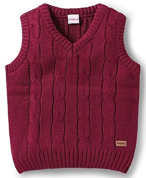 Babyhug Knitted Sleeveless Pullover Sweater Vest with Cable Knit Design - Wine