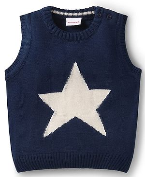Babyhug Knitted Sleeveless Pullover Sweater Vest with Star Design - Navy Blue