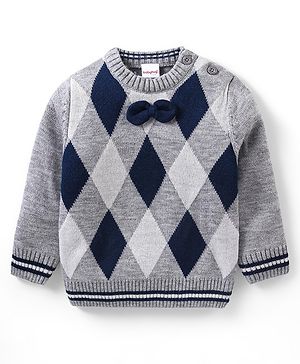 Babyhug Knit Full Sleeves Pullover Sweater Argyle Design - Grey