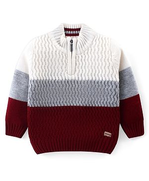 Babyhug Knitted Full Sleeves Color Block Pullovers Sweater - Maroon & White