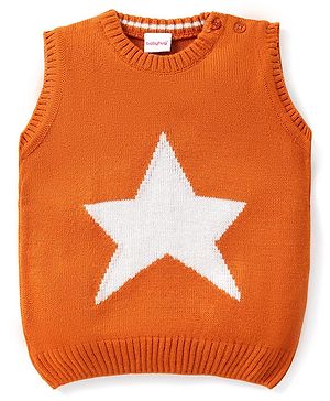 Babyhug Kitted Sleeveless Pullover Sweater with Star Design - Orange