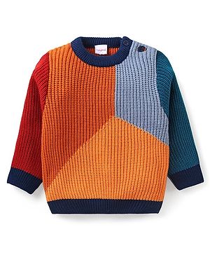 Babyhug Knitted Full Sleeves Pullover Colour Block Design Sweater -Multicolour