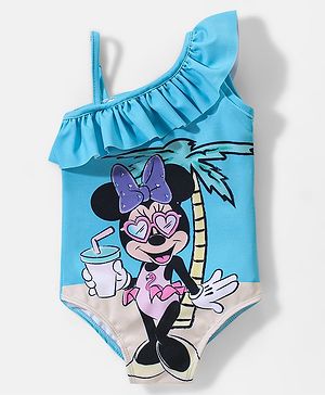 Babyhug Disney One Shoulder Sleeve V Cut  Swimsuit with Minnie Mouse Print - Blue