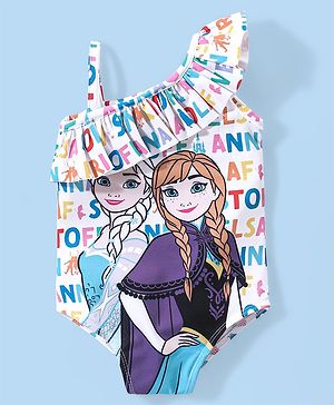 Babyhug Disney One Shoulder Sleeve V Cut  Swimsuit with Frozen Print - Multicolour