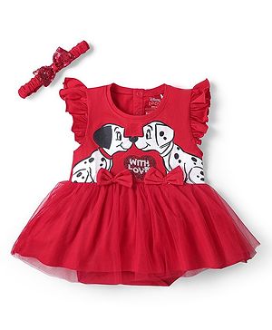 Babyhug Disney Interlock Knit Frill  Sleeves Frock Style  Onesie with Headband & 101 Dalmatians Graphics Bow & Sequin Detailing - Red