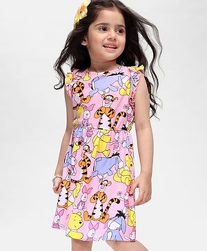Babyhug Disney Cotton Jersey Frill Sleeves Frock With Winnie the Pooh All Over Print - Multicolor