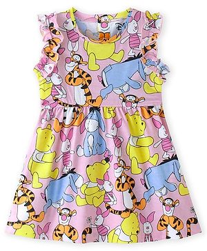 Babyhug Disney Cotton Jersey Frill Sleeves Frock With Winnie the Pooh All Over Print - Multicolor