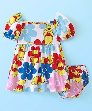 Babyhug Disney Cotton Jersey Knit Half Sleeves Frock With Shorts Winnie The Pooh Print - Bright White