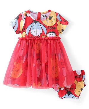 Babyhug Disney 100% Cotton Knit Frock Half Sleeves Frock with Bloomer Winnie The Pooh Print-Red