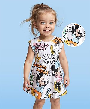 Babyhug Disney Cotton Half Sleeves Frocks With Mickey Mouse & Friends Print - White