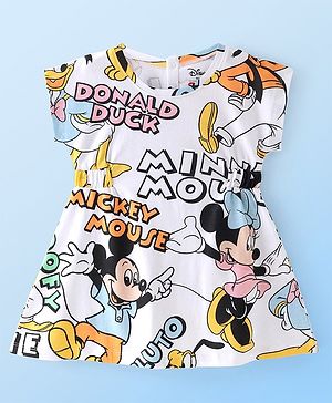 Babyhug Disney Cotton Half Sleeves Frocks With Mickey Mouse & Friends Print - White