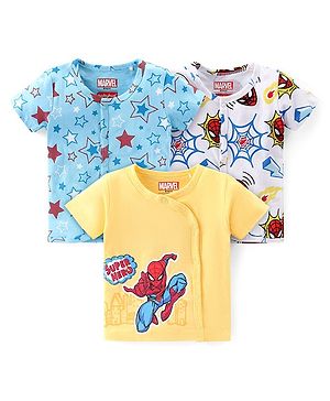 Babyhug Marvel 100% Cotton Knit Half Sleeves Jhabla with Spiderman Graphics Pack of 3 - Yellow Blue & White