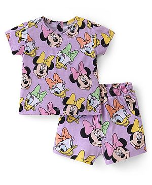 Babyhug Disney Single Jersey Knit Half Sleeves Night Suit With Minnie Mouse Graphics - Purple