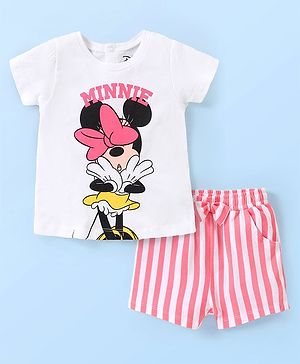 Babyhug  Disney Cotton Half Sleeves Shorts  Night Suit Minnie Mouse Print-White & Pink