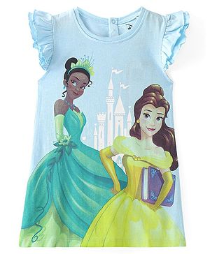 Babyhug Disney Single Jersey Frill Sleeves Nighty With Disney Princess Graphics - Blue