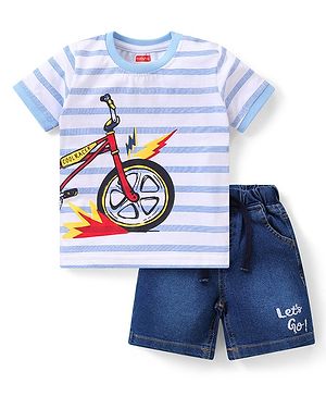 Babyhug Single Jersey Knit Half Sleeves Striped T-Shirt & Denim Shorts Bike Print - Blue