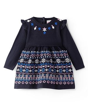 Babyhug Knitted Full Sleeves Floral Embroidery Woolen Dress - Navy Blue