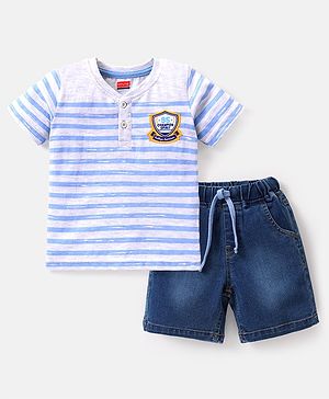 Babyhug Single Jersey Half Sleeves Striped T-Shirt with Patch and Denim Shorts Set - Blue