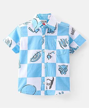 Babyhug Marvel Cotton Woven Half Sleeve Shirt With Avengers Print - Blue