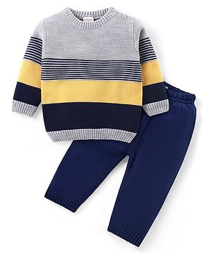 Babyhug Knit Full Sleeves Pullover Sweater & Pant Set Stripe Design - Multicolour