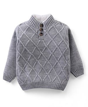 Babyhug Knitted Full Sleeves Pullover Cable Knit Henley Sweater -Grey